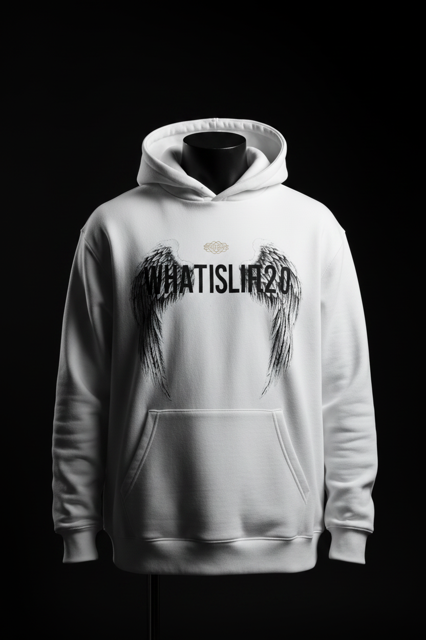 WHATISLIFE2.0 White Hoodie - Ghost Mannequin Front